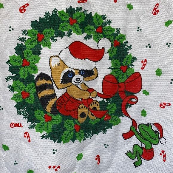 Vintage Christmas Half Apron Wreath Animal MCM Holiday Ruffle Hostess tie waist - Picture 2 of 11